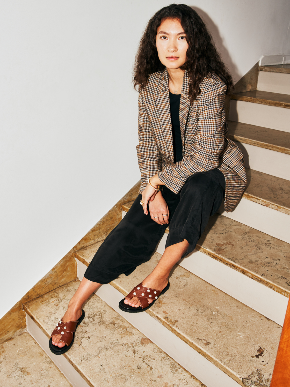 Blankens The Mette Brown Eco Leather With Pearls sandals
