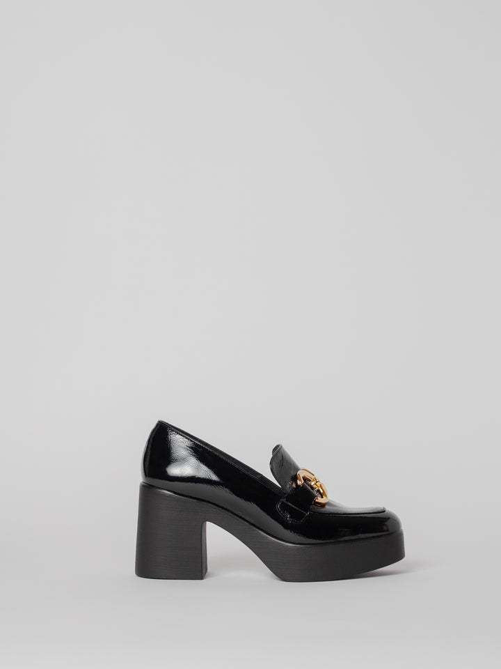 Blankens The Olivia platform heeled loafer with bold gold buckle. Comfortable and lightweight