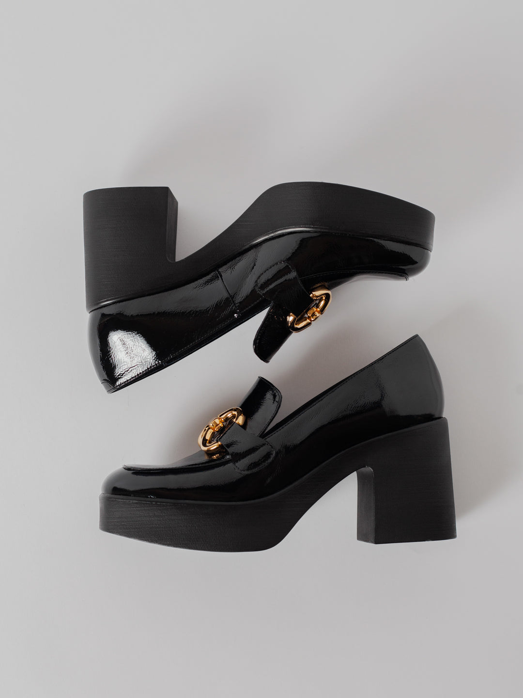 Blankens The Olivia platform heeled loafer with bold gold buckle. Comfortable and lightweight