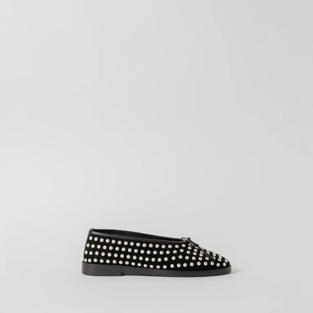 The Coco Flat Black Suede with Pearls