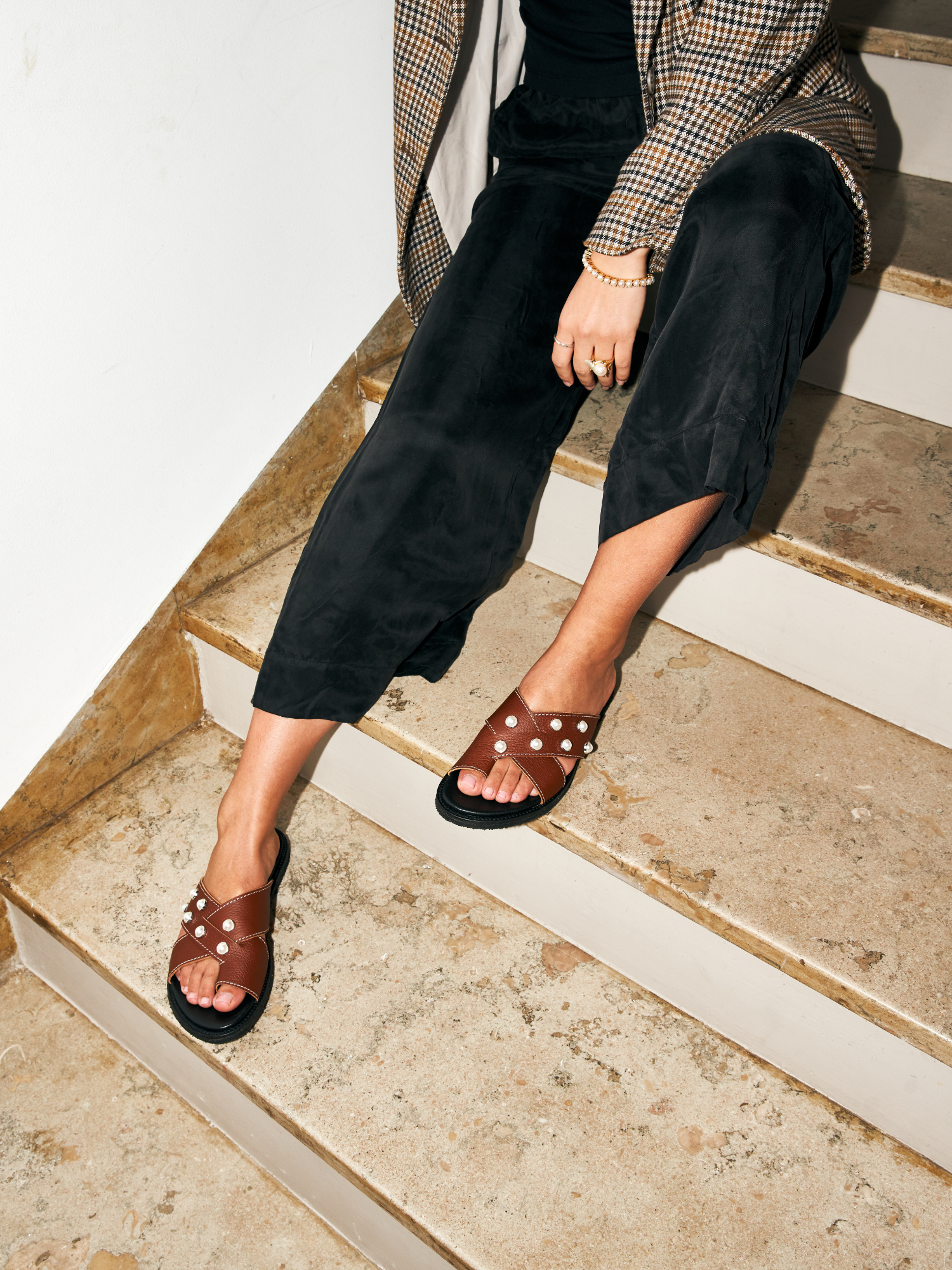 Blankens The Mette Brown Eco Leather With Pearls sandals