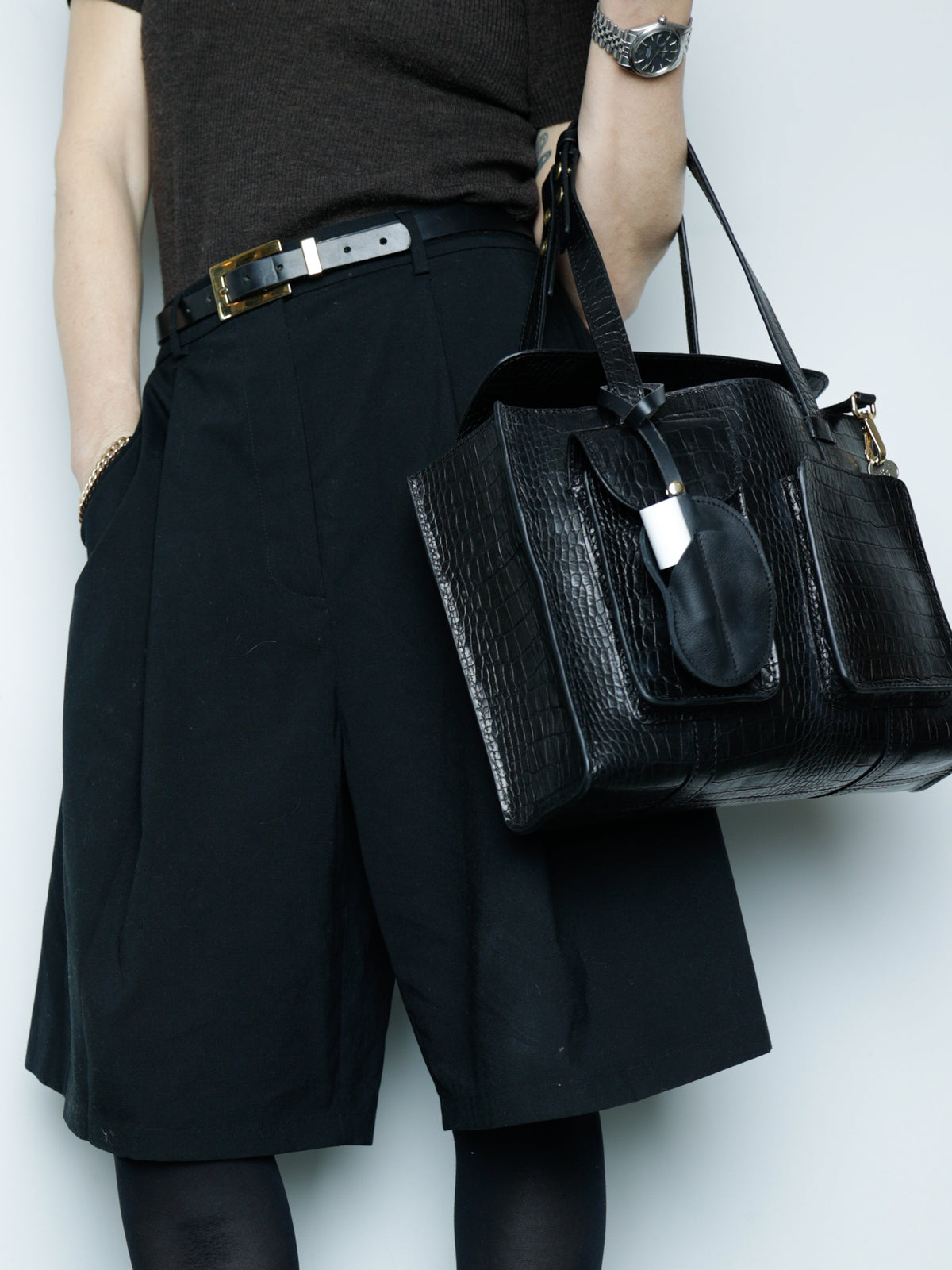 The Martha Midi Black Croc-Embossed Leather