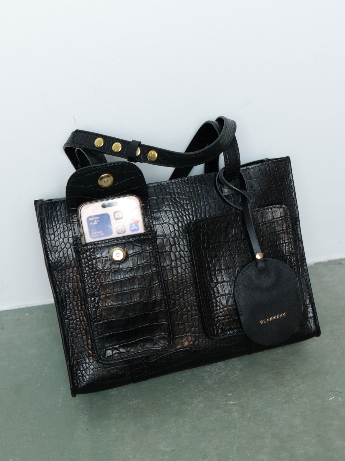 The Martha Midi Black Croc-Embossed Leather