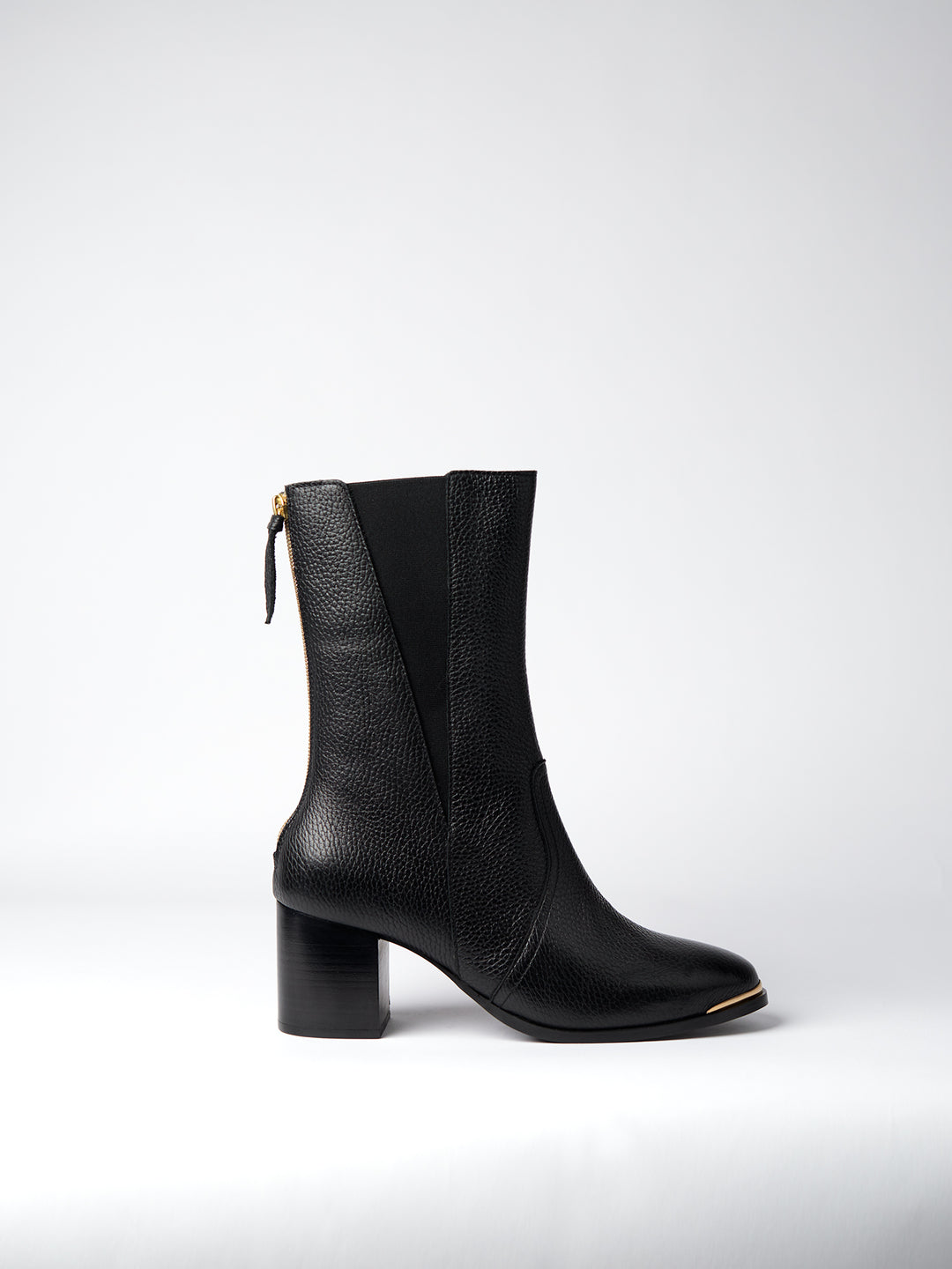Blankens The Diana black heeled boot with gold detail in the front and zipper in the back