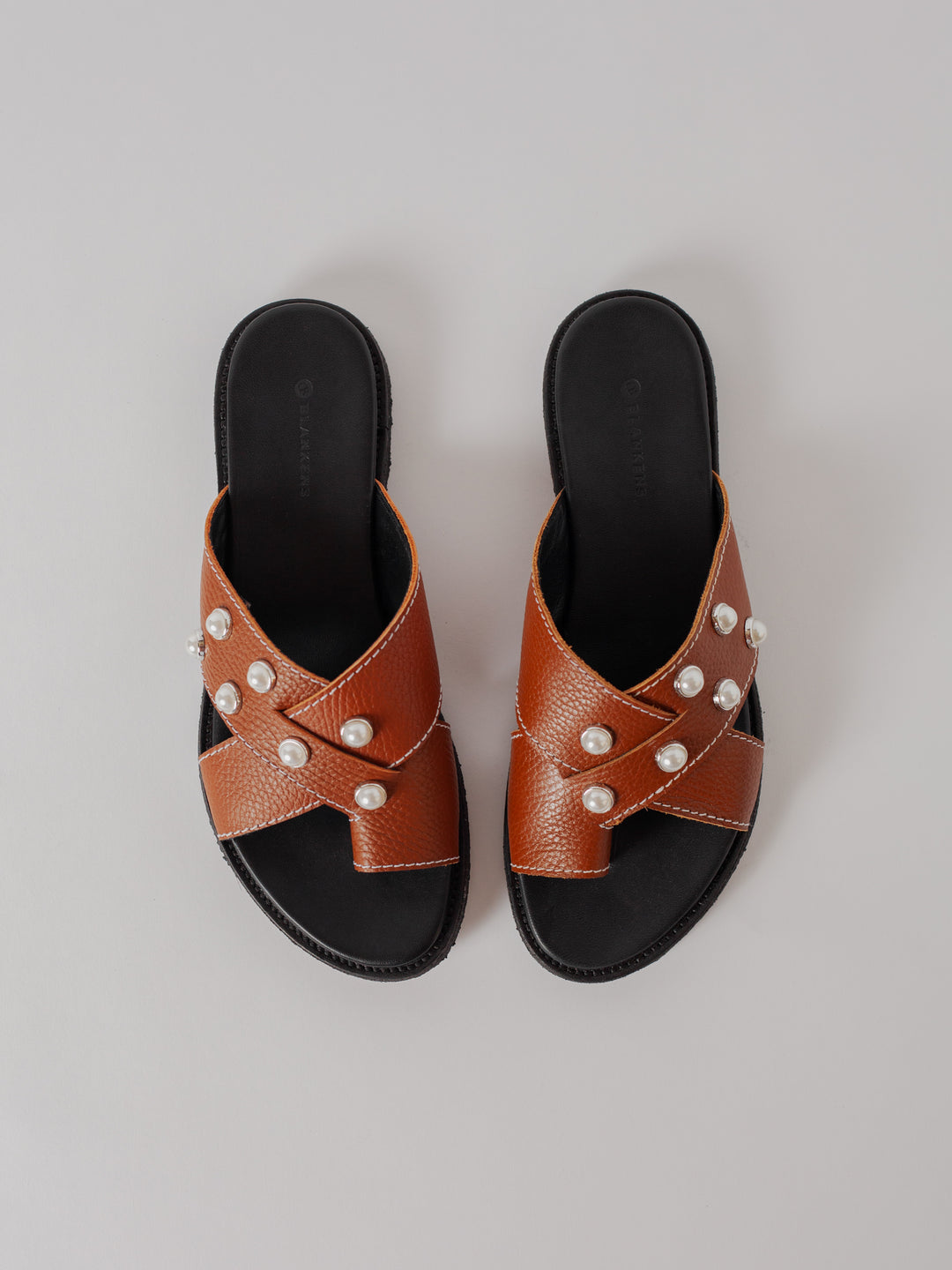 Blankens The Mette Brown Eco Leather With Pearls sandals with toe detail