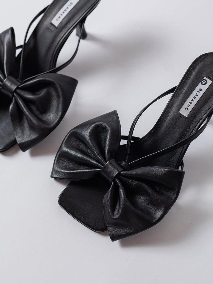 Blankens The Jennie Black Bow heeled sandal in black leather with black bow